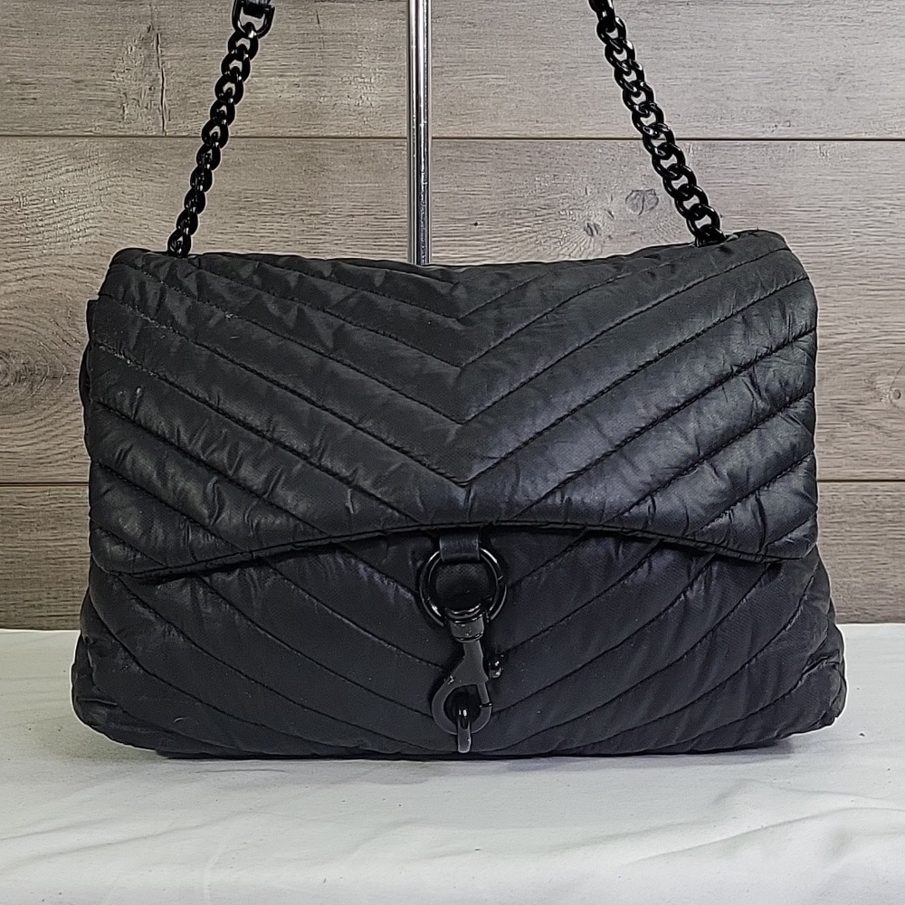 Rebecca Minkoff Black Nylon Quilted Chain Strap Crossbody Shoulder Bag - Picture 2 of 15